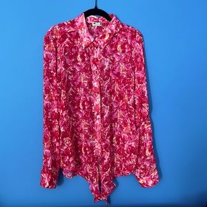 Kut from the Kloth, button-down, convertible sleeve blouse, red, rose, pink, XL